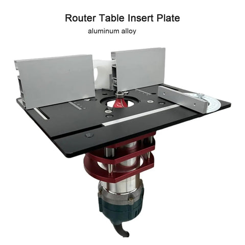 Professional Grade Aluminum Router Table Insert Plate For Smooth Woodworking Projects Features Rock Solid Center Bushing Killer Grip Clamps And Easy Slip Fit Installation In Bright Yellow seen from top perspective with router bit