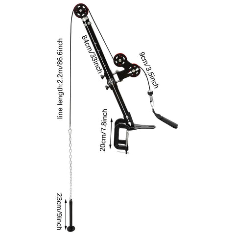 Table Mount Arm Wrestling Wrist Trainer With Adjustable Pulley System For Arm Strength And Grip Training Sturdy Rust Resistant Iron Steel Build Multi Level Height And Angle Adjustments Easy Setup showing dimensions and parts.