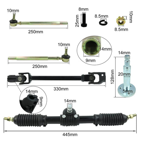 Go Kart Steering Kit With Adjustable Shaft And Tie Rods 445mm Rack Gear Pinion For 110cc Quad Parts, detail dimensions view