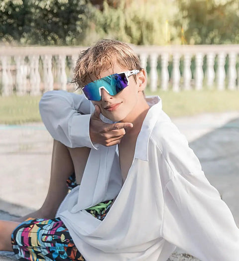 Kid wearing Kids Sports Sunglasses For Boys And Girls Youth Baseball And Softball Eyewear With UV400 Protection outdoors