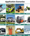 Grid of various vehicles and equipment including surfboard, cropper, ATV, motorcycle, forklift, electric bus, and boat.
