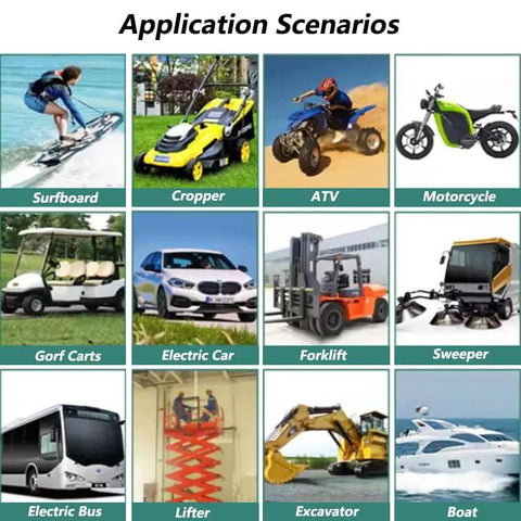 Grid of various vehicles and equipment including surfboard, cropper, ATV, motorcycle, forklift, electric bus, and boat.