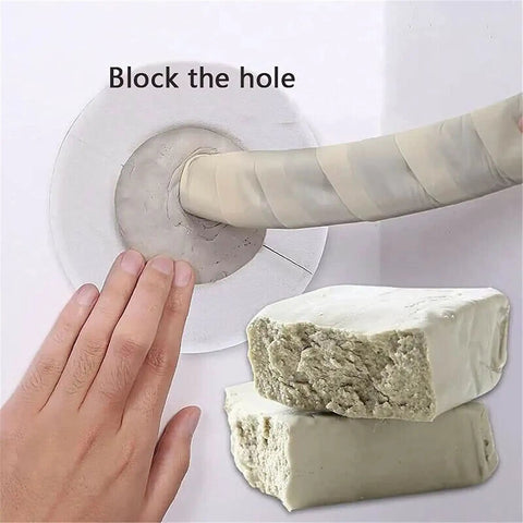 Waterproof Sealing Clay for Quick Wall Hole Repair and Gap Fill, Flame Retardant Mastic for Drywall and Pipe Openings shown in use.