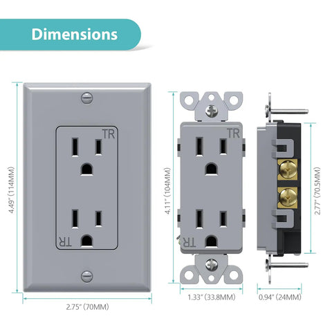 Dimensions of Decorator Electrical Wall Outlet Gray Tamper Resistant Duplex Receptacle 15A 125V Two Pole Self Grounding Residential Grade