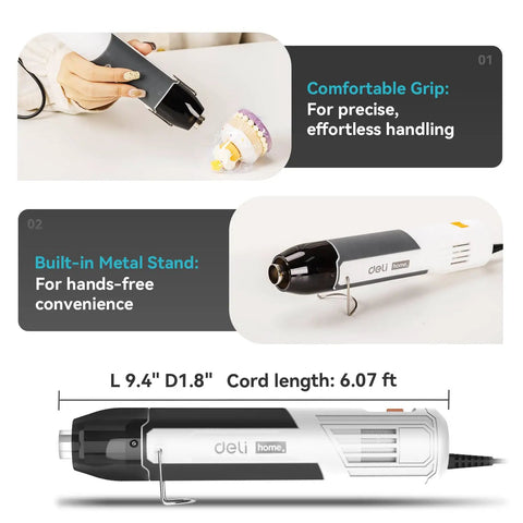 Mini Heat Gun 350W Dual Temp 500F And 842F 260C And 450C with comfortable grip, metal stand, 6 ft cable for crafting and DIY.