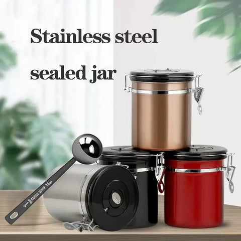 Legit Airtight Coffee Canister With Sweet Built In Scoop And Vacuum Sealed Stainless Steel Design Featuring One Way Degassing Valve Plus Handy Date Tracker Lid To Keep Your Beans Tea Or Flour Crisp And Fresh For Longer, showing four canisters and scoop.