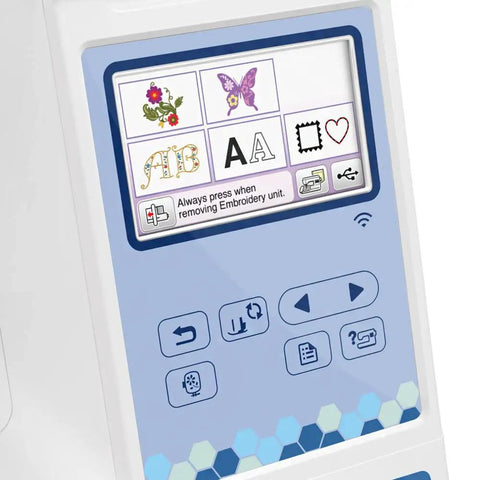 PE900 Embroidery Machine With 5 x 7 Inch Field Size, Wireless WLAN, Jump Stitch Cutter control panel display screen