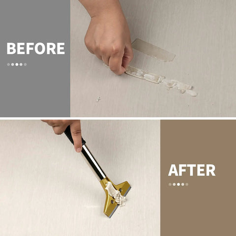 Heavy Duty 4 Inch Scraper Tool With Ten Extra Metal Blades For Paint Glue Gum Residue Removal Stickers Labels And Adhesive On Glass Stove Top Window And Floor The Ultimate Cleanup Buddy before and after use on adhesive