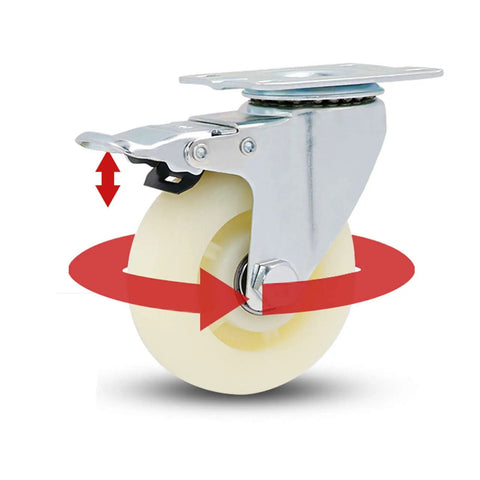 Badass Heavy Duty White Nylon Swivel Caster Wheels For Furniture Carts And Workbenches with galvanized bracket and wheel rotation.