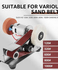 7 Speed Adjustable Buffer Polisher With Electric Belt Sander And Knife Sharpener Attachment shows motor and sand belt options.