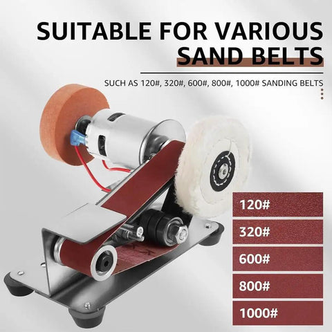 7 Speed Adjustable Buffer Polisher With Electric Belt Sander And Knife Sharpener Attachment shows motor and sand belt options.