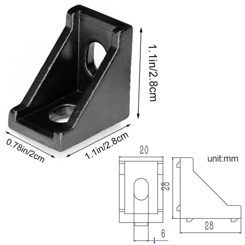 Black Corner Brackets For 2020 Aluminum Extrusion T Slot Set Of 20 6mm Compatible, zinc alloy, dimensions shown with diagram