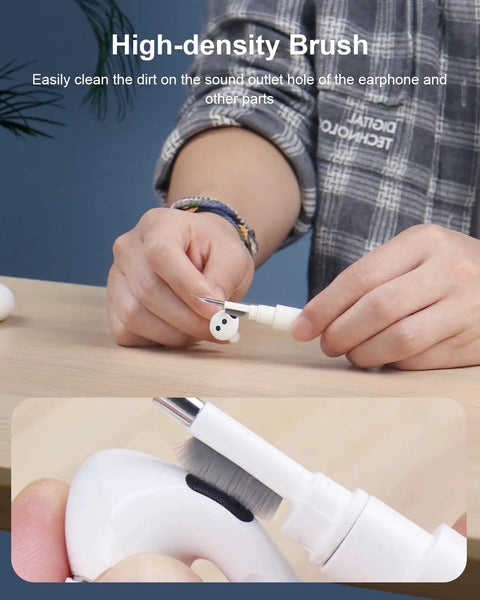Multi Function Cleaning Pen For AirPods Pro 1 2 3 And Earbuds Case Soft Bristle Brush Kit Metal Tip Flocking Sponge in use on earbuds.