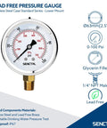 2.5-inch SENCTRL lead-free glycerin-filled pressure gauge with stainless steel case, 1/4 in NPT lower mount, 0-100 psi