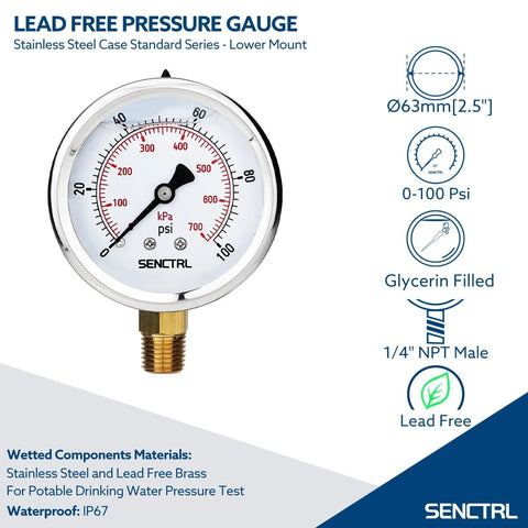 2.5-inch SENCTRL lead-free glycerin-filled pressure gauge with stainless steel case, 1/4 in NPT lower mount, 0-100 psi
