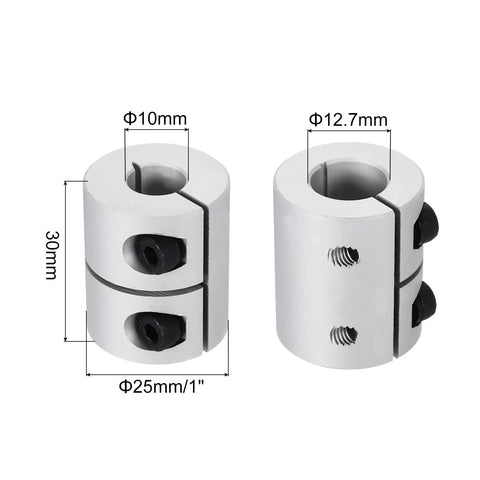 Rock Solid Aluminum Shaft Coupler For 10 To 12.7 mm ID And 30 mm Length, showing coupler dimensions and set screws, side view.