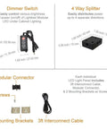 Dimmable LED Under Cabinet Lighting Kit With Four 12 Inch Panels, 6000K Cool White, 12 Watt, 24VDC, Dimmer Switch And All Accessories Included, UL Listed components with dimensions shown.