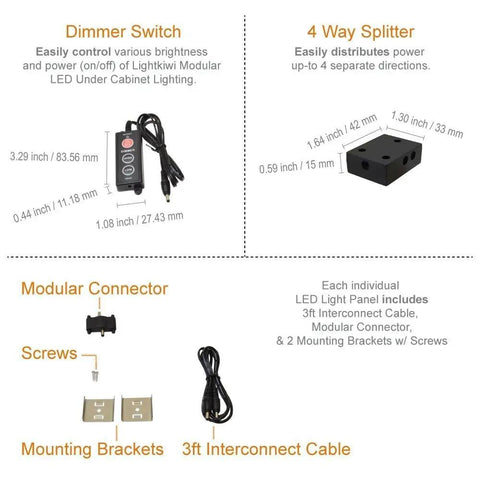 Dimmable LED Under Cabinet Lighting Kit With Four 12 Inch Panels, 6000K Cool White, 12 Watt, 24VDC, Dimmer Switch And All Accessories Included, UL Listed components with dimensions shown.