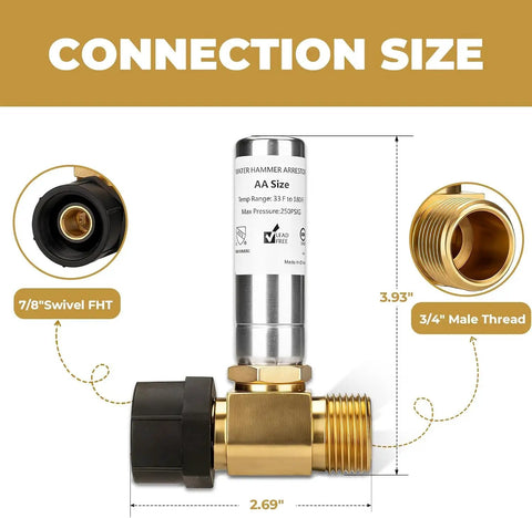 Stainless Steel Water Hammer Arrestor 2 Pack With 7/8 Inch Female Swivel Nut To 3/4 Inch Male Thread Reduces Banging Noise In Toilets And Pipes With Lead Free Brass And Durable Stainless Steel Construction, connection size diagram