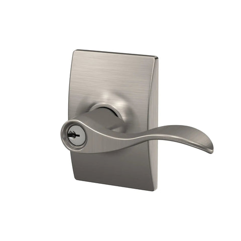 Accent Lever With Century Trim Keyed Entry Lock In Satin Nickel, Reversible For Left Or Right Swing Doors, Self Aligning Screw Holes