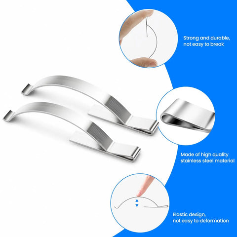 30 Pack Stainless Steel Window Screen Clips Heavy Duty Tough As Nails Rust And Corrosion Proof Screen Retainer Tension Clips 69mm By 6.4mm Replacement Hardware For Aluminum Window Screens And Door Installations, shown bent and close-up
