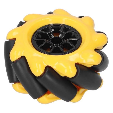 Yellow ABS Mecanum wheel with black omni rollers, 60mm diameter for DIY robot cars