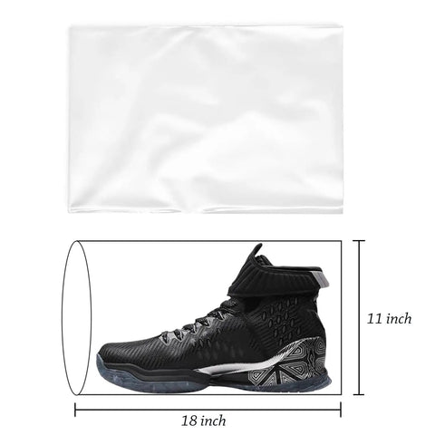 Hype Clear Shoe Shrink Wrap Bags 11X18 Inch Thick PVC Sneaker Packaging Film 100 Pack, showcasing a clear bag with a sneaker.