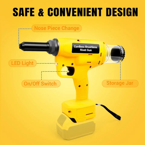 Heavy Duty Cordless Rivet Gun Real Deal Electric Fastener Tool With Brushless Motor And Stopper Set For Auto Body Repair And Metal Fabrication No Hassle Shop Staple Bare Tool Only with storage jar and LED light.