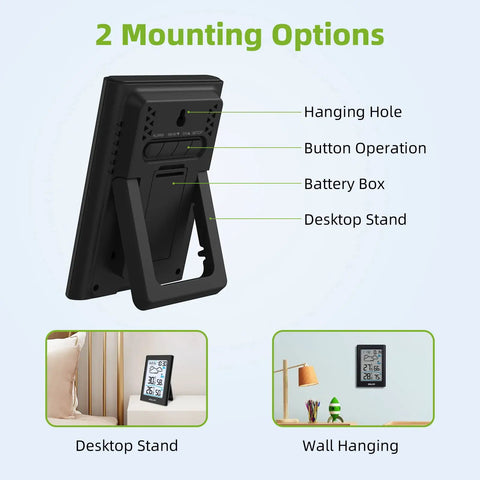 Wireless Indoor Outdoor Thermometer Weather Station with Clock showing desktop stand and wall hanging options.