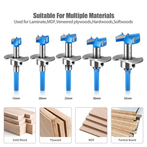 Five Piece Carbide Tipped Forstner Drill Bit Set With Hex Shank And Adjustable Sizing For Sweet Woodworking with sizes from 15mm to 35mm.
