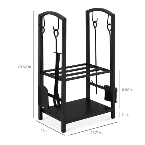 Five Piece Wrought Iron Firewood Storage Rack With All In One Tool Set For Indoor Outdoor Use Ready To Roll Includes Poker Hook Shovel And Duster