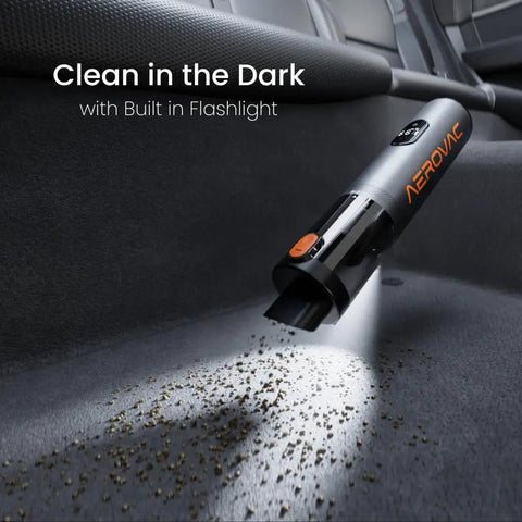 Heavy Duty Cordless Car Vacuum With 16000Pa Kickass Suction And HEPA Filter Handheld Detailer With Led Display Plus Dual Vacuum Blower Modes For Slick Auto Whip Cleanup cleaning with flashlight on dark car carpet.