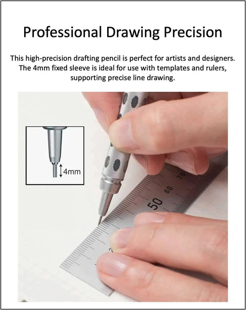 Graph Gear 1000 Mechanical Drafting Pencil 0.4mm Set With HB And 2B Leads In Black Slim Case For Designers And Artists Pro Grade Precision With A 4mm Fixed Sleeve For Templates And Rulers being used to draw precise lines with a ruler.
