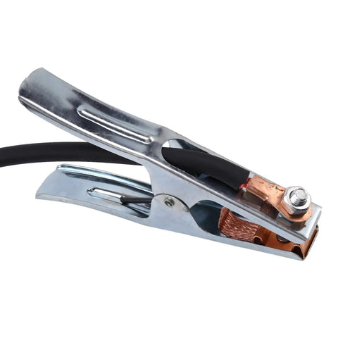 Heavy Duty 300A Ground Welding Earth Cable Clamp Clip For Mig TIG Arc Welder With Chrome Plated 10-25 Plug Holder Tool close-up view.