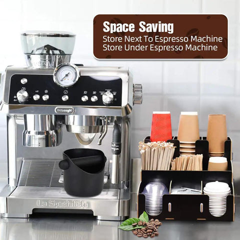 Knock Box For Coffee Grounds 4.4 Inch With Removable Knock Bar And Non Slip Base next to espresso machine