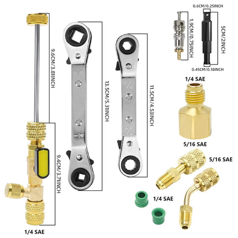 Valve Core Remover and HVAC Service Wrench Set with Hex Bit Adapters for R410A Systems, 5/16 and 1/4 Port Sizes