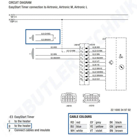 Circuit diagram for Easystart 7 Day Timer For Eberspacher Heaters Replacement Part 221000341500 with wiring details.