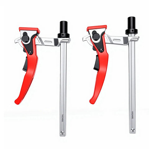 Two red One Hand Ratchet Bench Dog Clamps For Woodworking, Five Eighths Inch Grab And Go Hold Down Clamp For Workbench, Quick Tighten