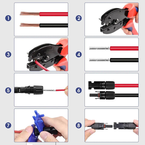 Heavy Duty Solar Crimping Tool Kit For 2.5 4 6 Square Millimeter And 10 14 AWG, step-by-step crimping and connector tutorial