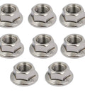 8 Pack Slick M10 X 1.25mm Fine Metric Hex Flange Nuts Built From Tough 304 Stainless Steel For Heavy Duty Anti Vibration Securing And Completely No Sweat Adjustments.
