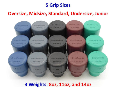 Various EndSwate golf grip sizes in multiple colors and weights including 14oz Counterweight Swing Training Aid For Standard Golf Grips