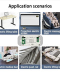 Yitouniu DC motor controller module (DC7-32V, 10A) with WiFi/Bluetooth remote; shown with smart desks and screens
