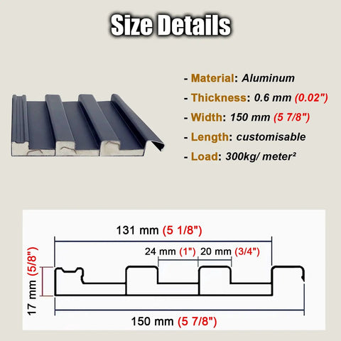 Size details of 10 Pack Built Tough Corrugated Aluminum Roof Panels with Thermal Insulated Core for Pergola Sheds and Garages.