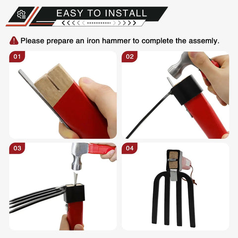 Step-by-step assembly of 4 Piece Garden Tool Set With 10.6 Inch Wooden Handles including pick axe, hoe, hand tiller, and garden rake