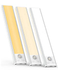 Under Cabinet Lights With Motion Sensor USB C Rechargeable LED Closet Lighting Kit Wireless Magnetic Under Counter Kitchen Light 33 LED Beads 3 Color Modes Three Pack Easy Install showing three lights in different color modes.