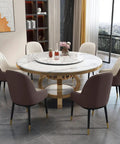 Kickback Ready Round Marble Dining Table Built For Epic Weekend Hangouts Featuring A Smooth White Spinning Lazy Susan And Bold Gold Stainless Steel Base Stretching Fifty Nine Inches Wide with six chairs.