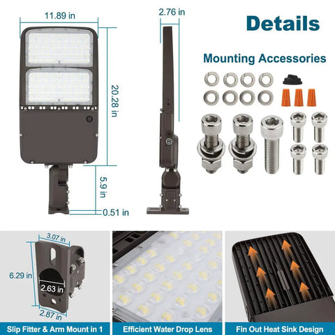 Dimensions and features of Beefy 300W LED Parking Lot Light With Photocell Outdoor Dimmable Pole Light Slip Fitter And Arm Mount
