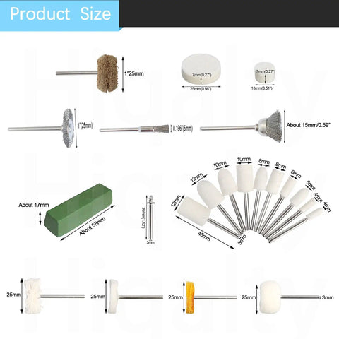 Image showing various sizes of grinding heads in the 150-Piece Polishing Buffing Wheel Set For Rotary Tool With 3mm Shank.