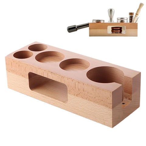 Rock Solid Fifty Eight Mm Espresso Tamping Station Made From Sturdy Natural Wood, featuring five tool slots for organized barista tools.