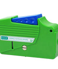 Green plastic Cruiser optical fiber connector cleaner cassette with blue slider, side view